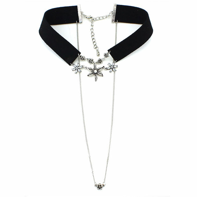 SUEDE  COLLAR CRYSTAL FLORAL CHOKER NECKLACE